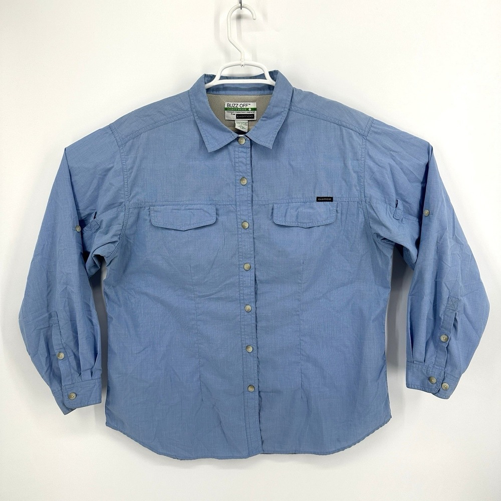 Ex-Officio Buzz Off Insect Shield Blue Button Up Travel Shirt Womens Size XL